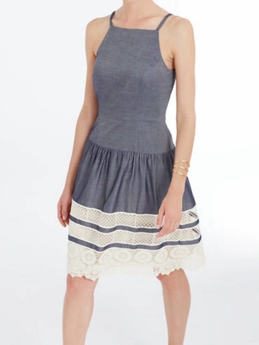Tiered Lace Chambray Dress from Ann Taylor, 100% cotton, fit-and-flare, size 8